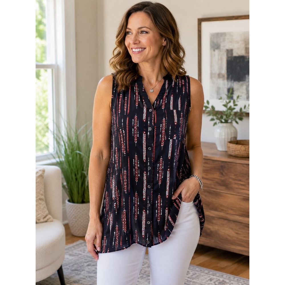 Staccato Women's Small Sleeveless Tunic Top Black Pattern Extra Long Blouse